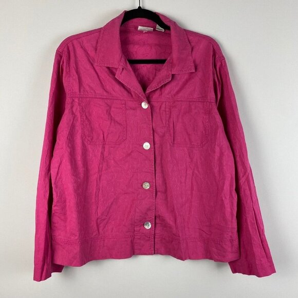 Chicos Lightweight Jacket Womens 1 US Medium Pink Embroidered Button Up Cotton - Picture 1 of 8